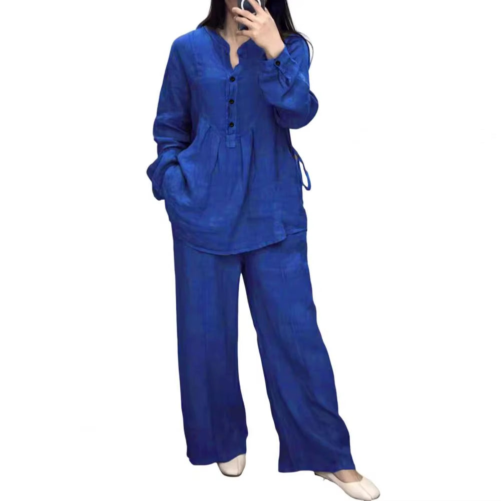 Women's Spring Pantsuit Set with Loose Blouse and Wide Leg Trousers, Round Neck Half Single-Breasted Top