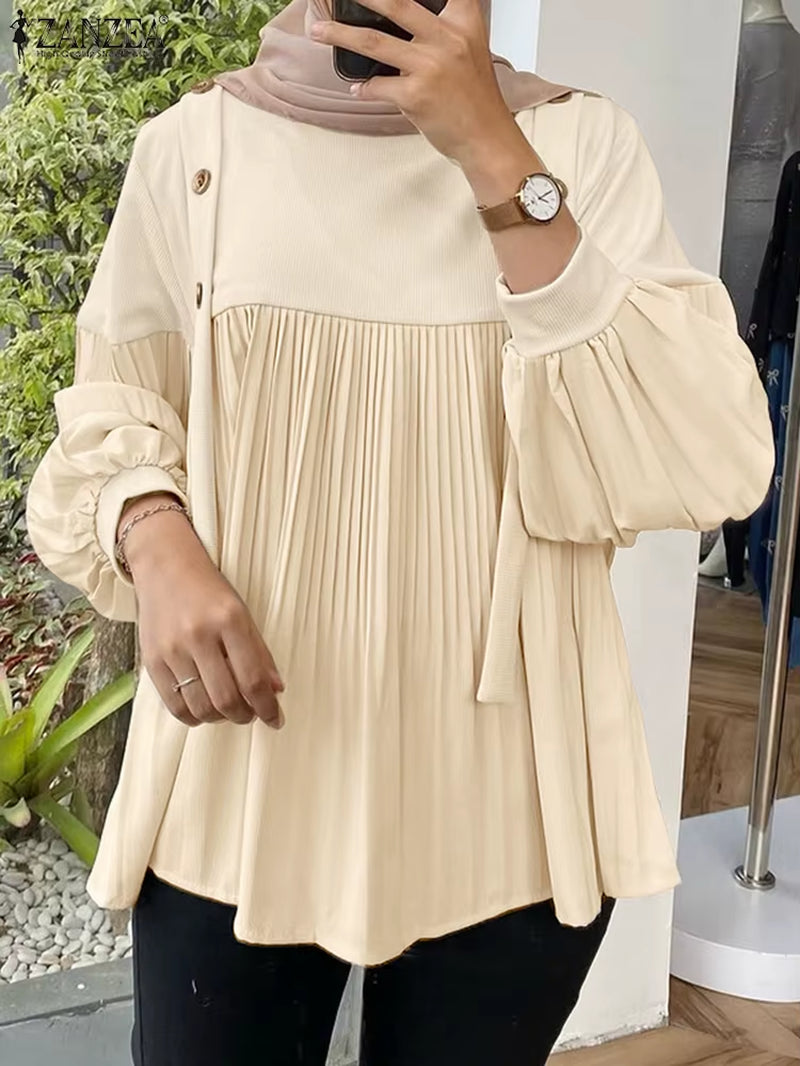 2025 Women's Elegant Autumn Long Lantern Sleeve Blouse with Patchwork Design and Pleated Detail, Ideal for Work and Modest Fashion