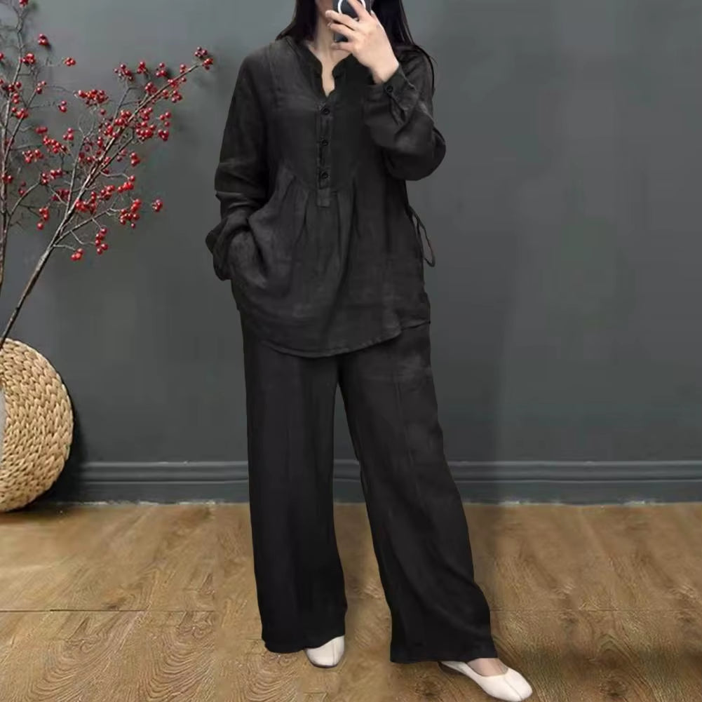 Women's Spring Pantsuit Set with Loose Blouse and Wide Leg Trousers, Round Neck Half Single-Breasted Top