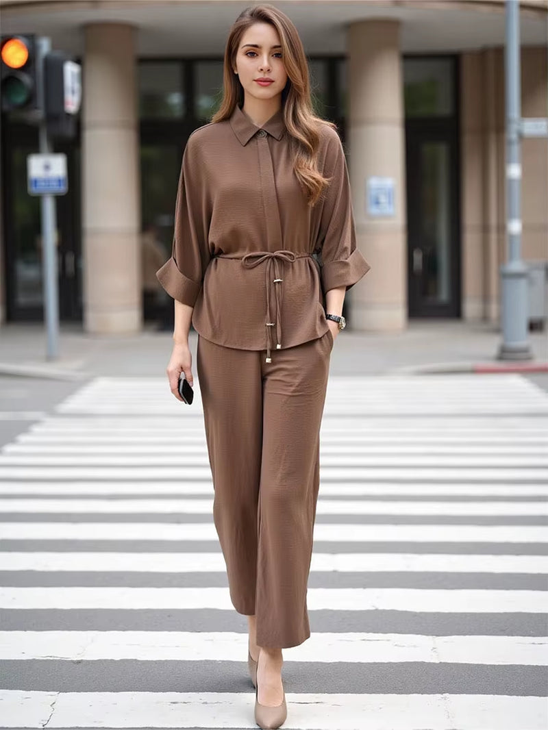 Women’s Kimono Style Blouse and Trouser Set with Long Sleeve Lace-Up Shirt and Elastic Waist Pants - Casual Spring Outfit