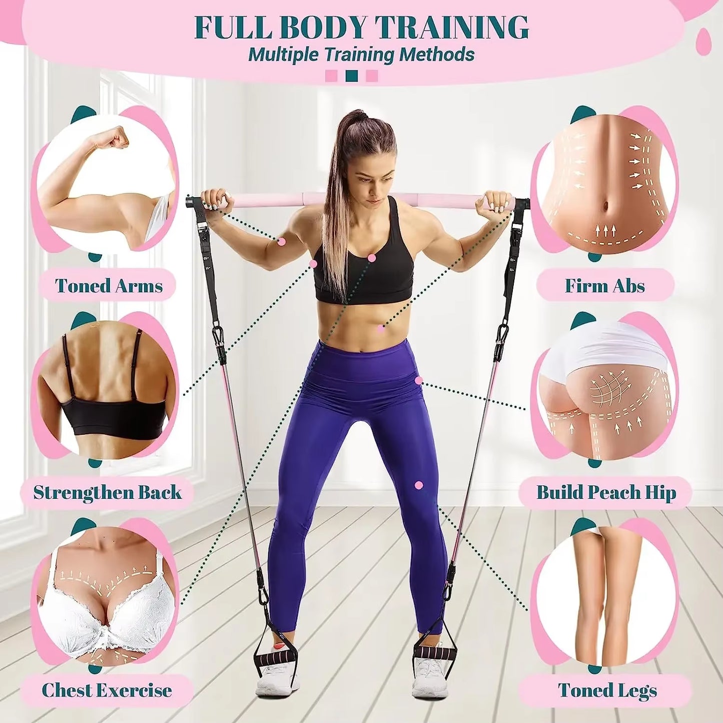 Professional Fitness Yoga and Pilates Bar Kit with Resistance Bands - Portable Home Gym for Comprehensive Full Body Workouts for Women