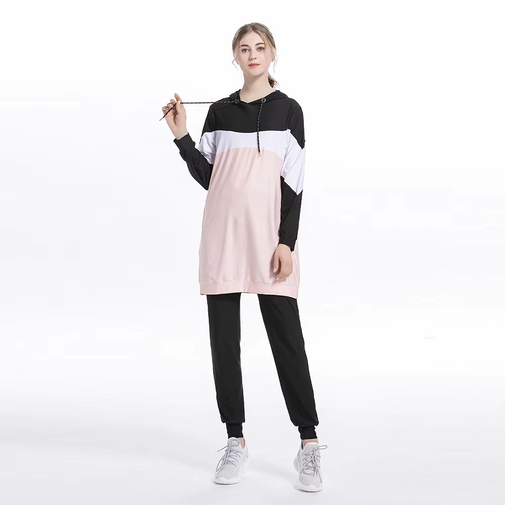 2024 Trendy Middle Eastern Arab Muslim Slim Fit Patchwork Long Sleeve Sportswear Casual Hooded Two-Piece Set