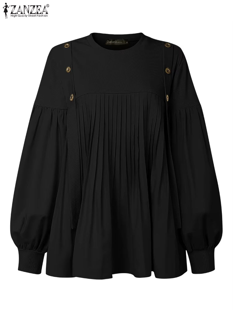 2025  Women's Elegant Autumn Long Lantern Sleeve Blouse with Patchwork Design and Pleated Detail, Ideal for Work and Modest Fashion