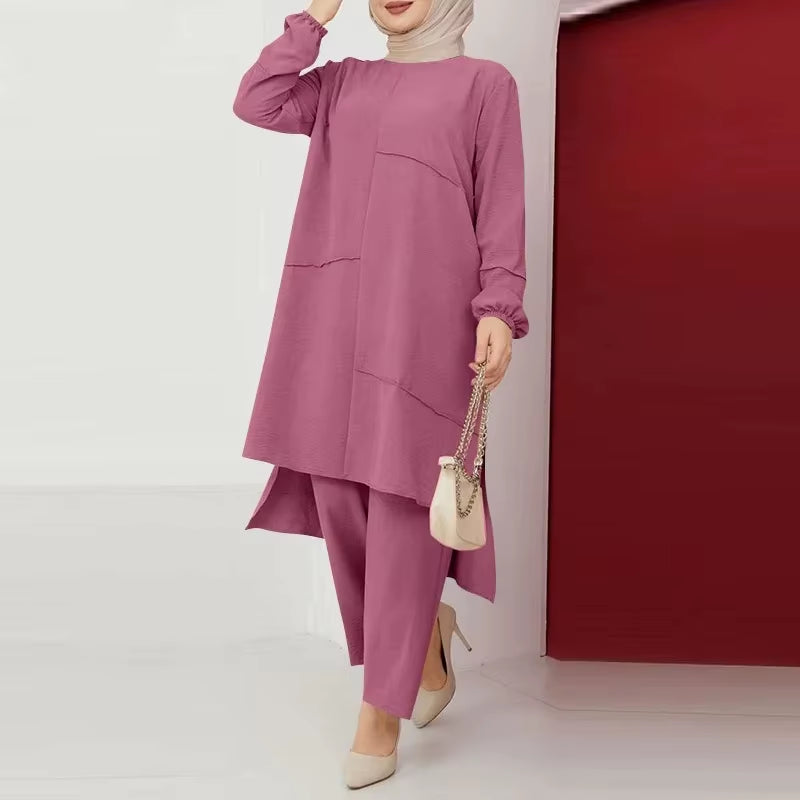 Elegant Two-Piece Sportswear Set for Muslim Women Featuring Bubble Sleeve Shirt and Wide Leg Pants