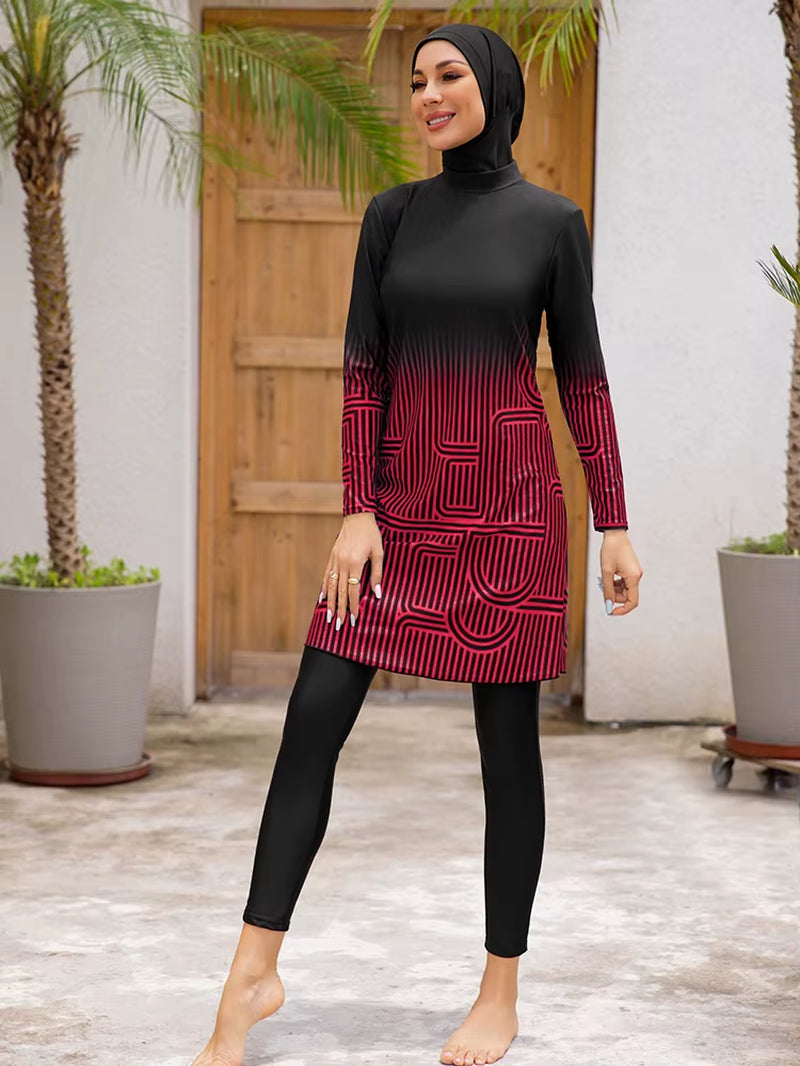 3-Piece Women's Modest Swimwear Set with Burkini, Hijab, and Striped Pants for Islamic Beachwear