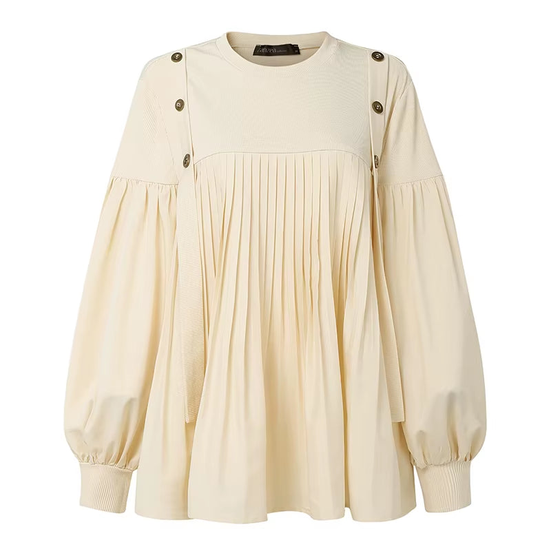 2025  Women's Elegant Autumn Long Lantern Sleeve Blouse with Patchwork Design and Pleated Detail, Ideal for Work and Modest Fashion
