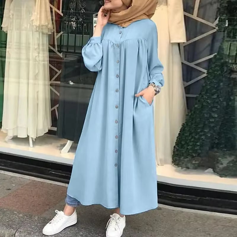 Elegant Women's Retro Button Maxi Dress - Casual Long Sleeve Cotton Solid Color O-Neck Design