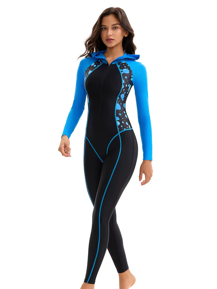 Women's Full Coverage Swim Jumpsuit with Sun Protection Hood for Muslim Wear
