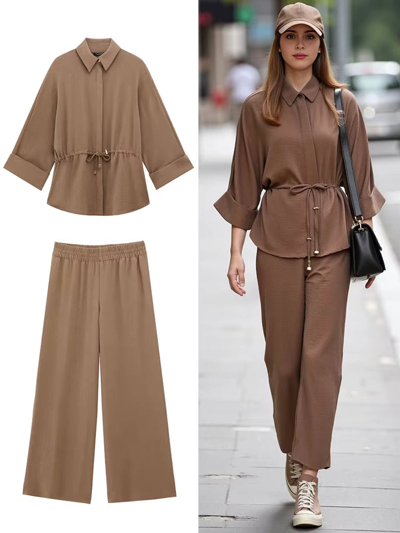 Women’s Kimono Style Blouse and Trouser Set with Long Sleeve Lace-Up Shirt and Elastic Waist Pants - Casual Spring Outfit