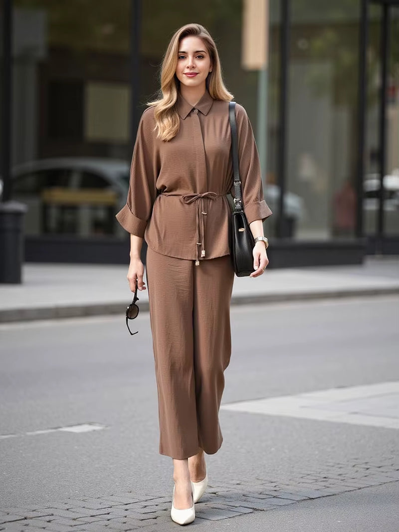 Women’s Kimono Style Blouse and Trouser Set with Long Sleeve Lace-Up Shirt and Elastic Waist Pants - Casual Spring Outfit