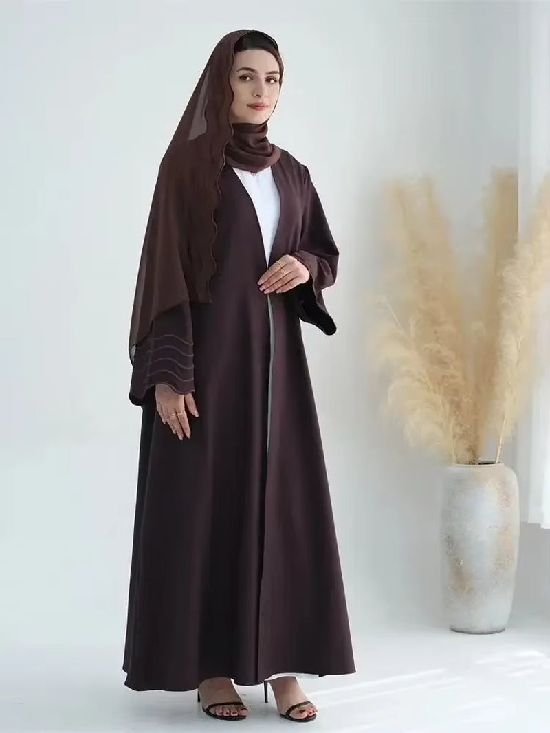 Women's Gray and Black Dubai Khimar Abaya Set - Islamic Kimono Hijab Dress with Kebaya and Kaftan Djellaba Robe for Ramadan Eid