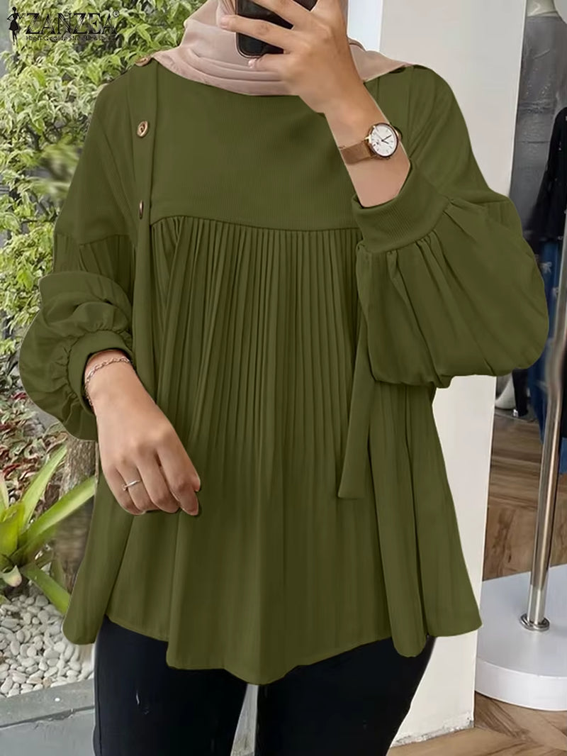 2025  Women's Elegant Autumn Long Lantern Sleeve Blouse with Patchwork Design and Pleated Detail, Ideal for Work and Modest Fashion