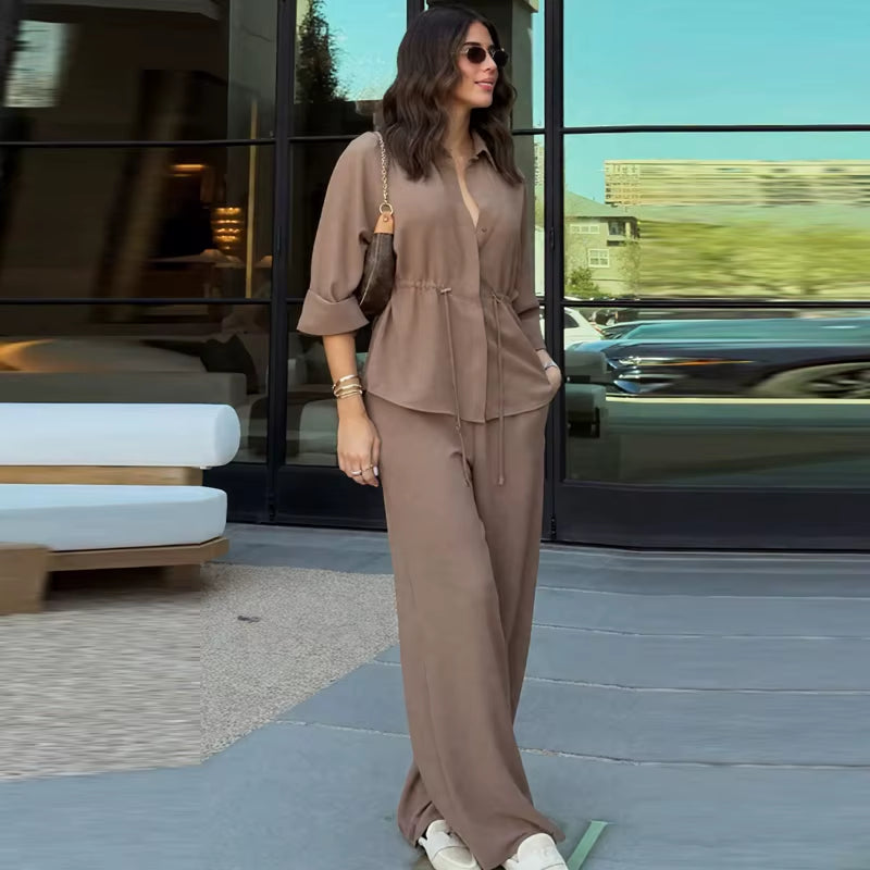 Women's Safari Brown Two-Piece Set: Long Sleeve Tunic and High Waist Wide Leg Trousers