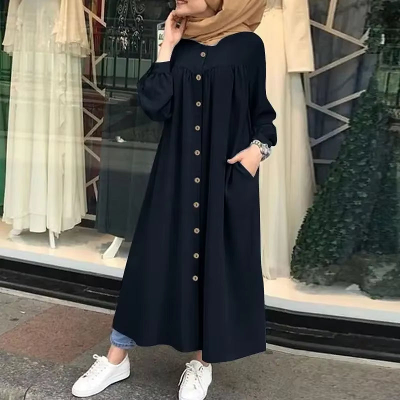 Elegant Women's Retro Button Maxi Dress - Casual Long Sleeve Cotton Solid Color O-Neck Design