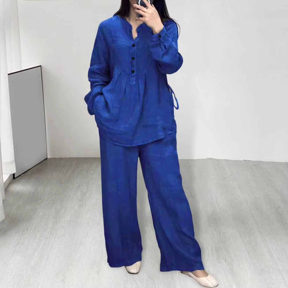 Women's Spring Pantsuit Set with Loose Blouse and Wide Leg Trousers, Round Neck Half Single-Breasted Top