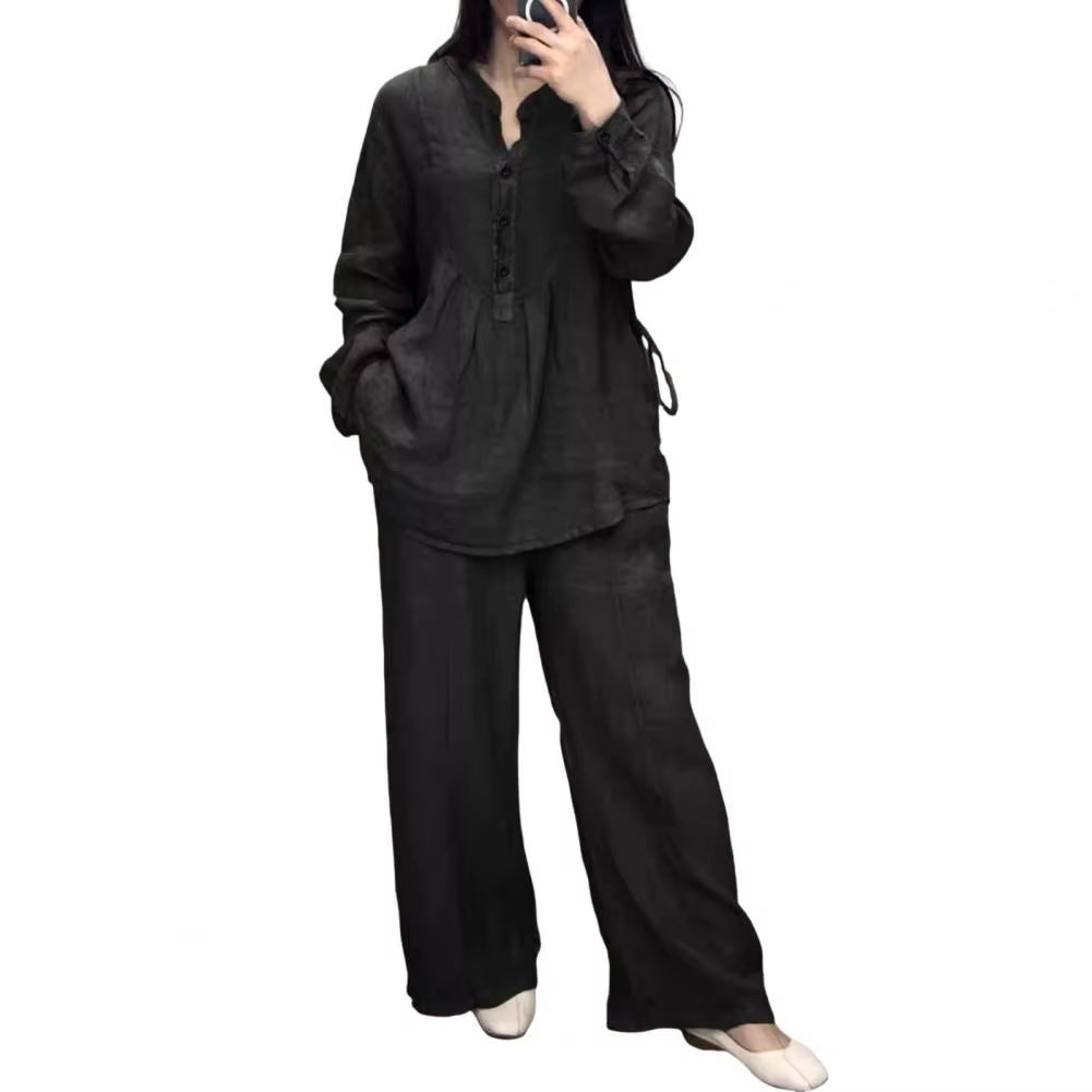 Women's Spring Pantsuit Set with Loose Blouse and Wide Leg Trousers, Round Neck Half Single-Breasted Top