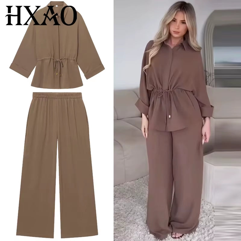 Women's Safari Brown Two-Piece Set: Long Sleeve Tunic and High Waist Wide Leg Trousers