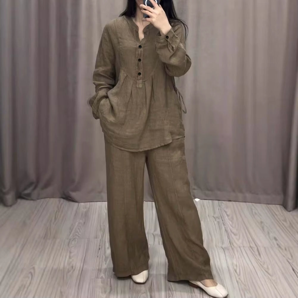 Women's Spring Pantsuit Set with Loose Blouse and Wide Leg Trousers, Round Neck Half Single-Breasted Top