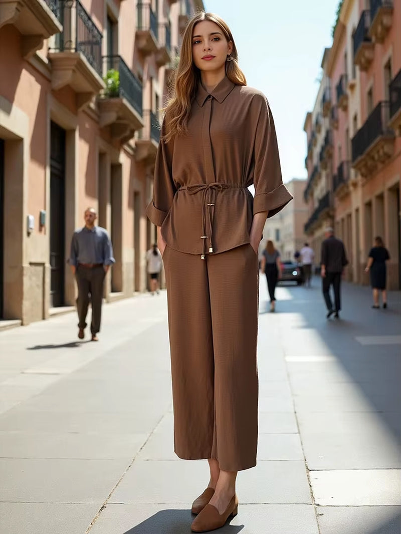 Women’s Kimono Style Blouse and Trouser Set with Long Sleeve Lace-Up Shirt and Elastic Waist Pants - Casual Spring Outfit