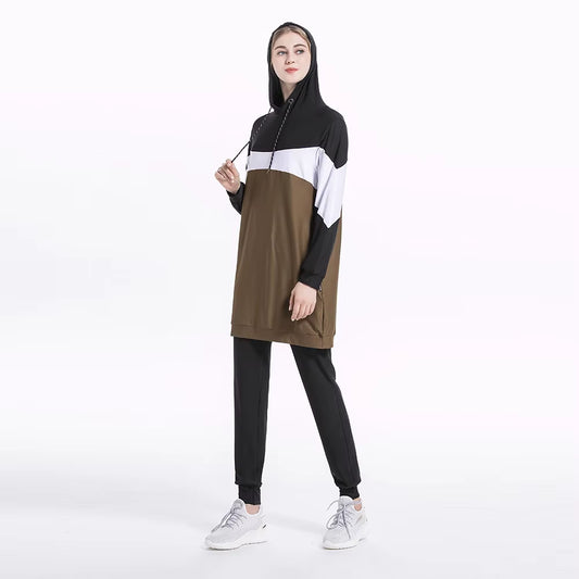 2024 Trendy Middle Eastern Arab Muslim Slim Fit Patchwork Long Sleeve Sportswear Casual Hooded Two-Piece Set