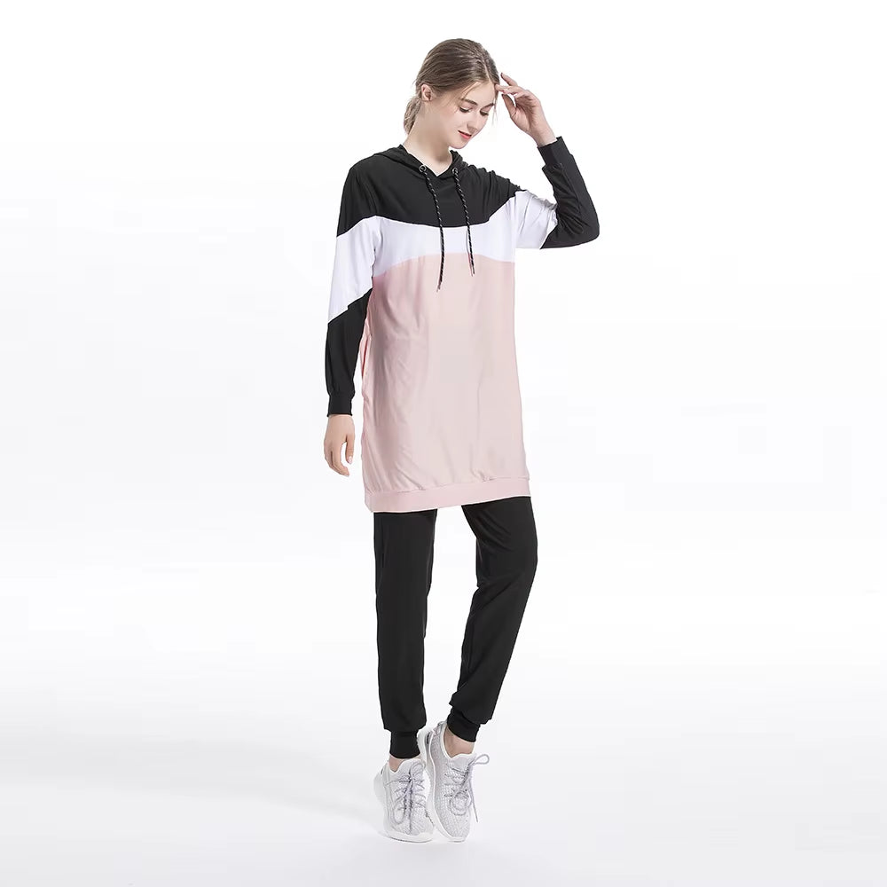 2024 Trendy Middle Eastern Arab Muslim Slim Fit Patchwork Long Sleeve Sportswear Casual Hooded Two-Piece Set