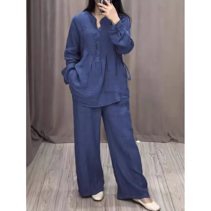 2024 Stylish and Comfortable Long Sleeve Cotton Linen Bell Bottom Suit with Drawstring Skirt Set for Autumn