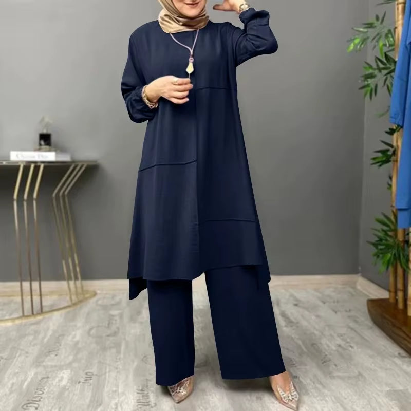 Elegant Two-Piece Sportswear Set for Muslim Women Featuring Bubble Sleeve Shirt and Wide Leg Pants