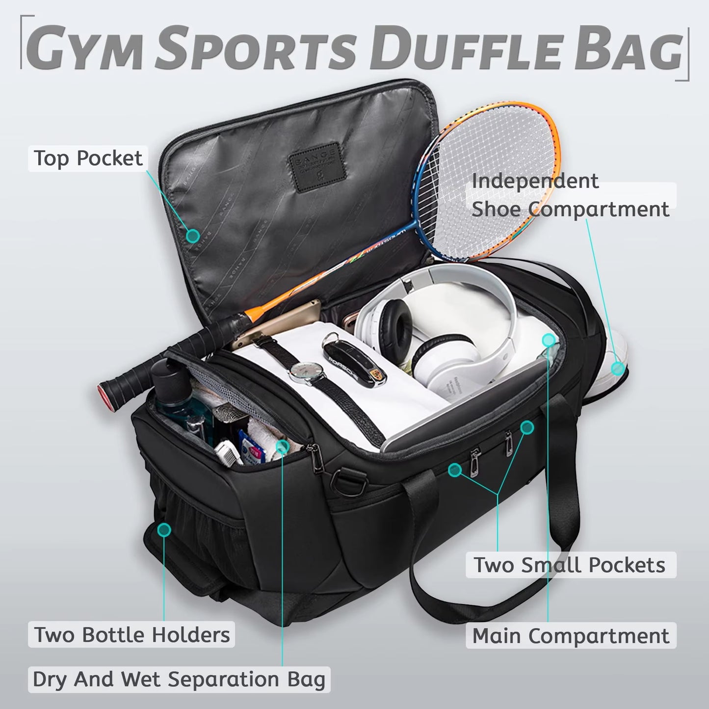 21-Inch Waterproof Sports Duffel Bag for Men with Shoe Compartment and Wet/Dry Storage