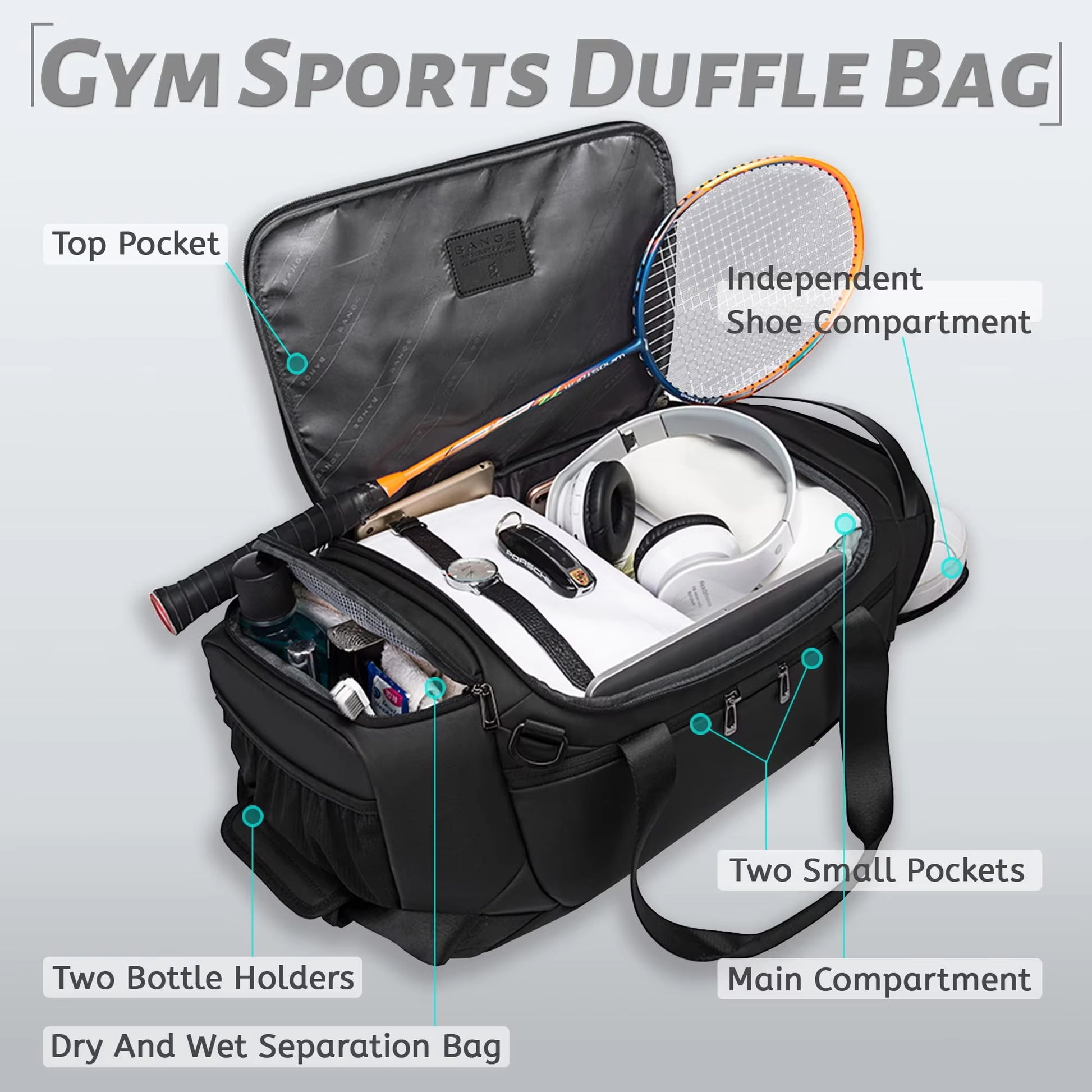 21-Inch Waterproof Sports Duffel Bag for Men with Shoe Compartment and Wet/Dry Storage