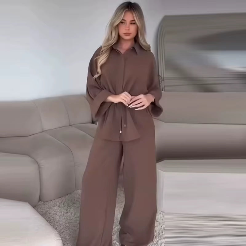 Women's Safari Brown Two-Piece Set: Long Sleeve Tunic and High Waist Wide Leg Trousers