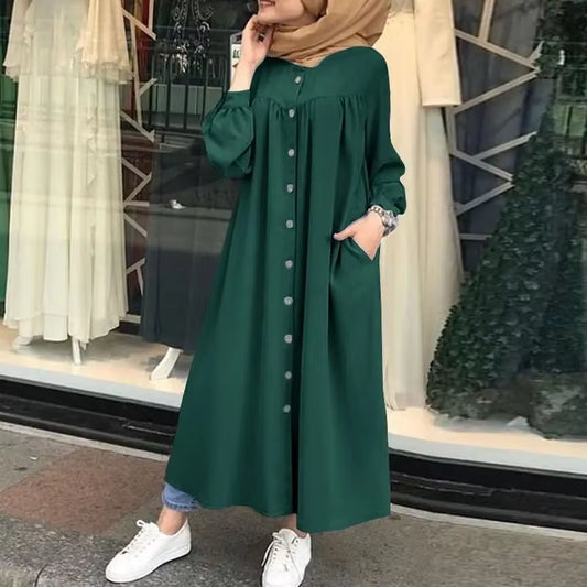 Elegant Women's Retro Button Maxi Dress - Casual Long Sleeve Cotton Solid Color O-Neck Design
