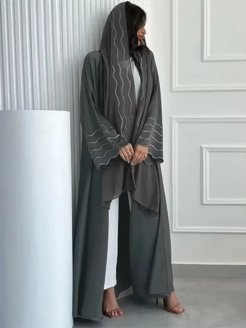Women's Gray and Black Dubai Khimar Abaya Set - Islamic Kimono Hijab Dress with Kebaya and Kaftan Djellaba Robe for Ramadan Eid