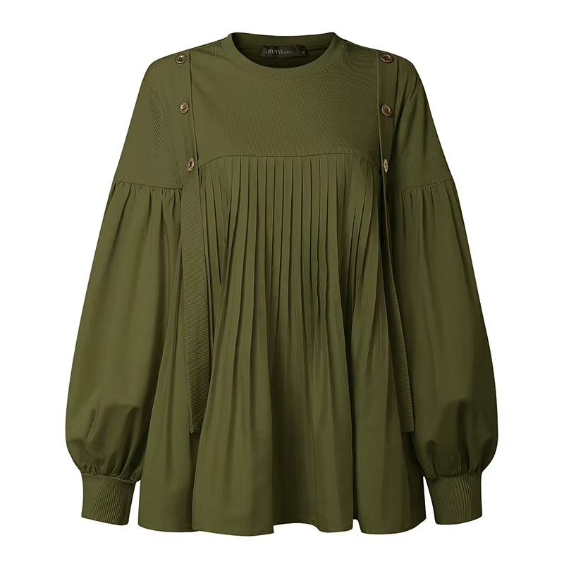 2025  Women's Elegant Autumn Long Lantern Sleeve Blouse with Patchwork Design and Pleated Detail, Ideal for Work and Modest Fashion