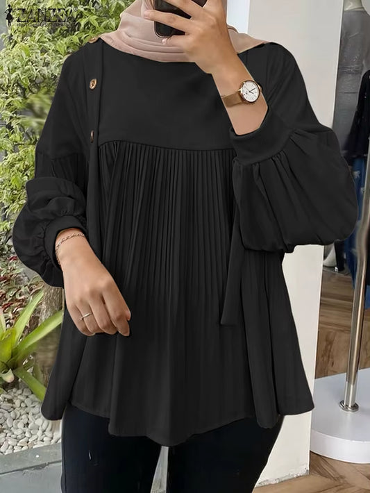 2025  Women's Elegant Autumn Long Lantern Sleeve Blouse with Patchwork Design and Pleated Detail, Ideal for Work and Modest Fashion