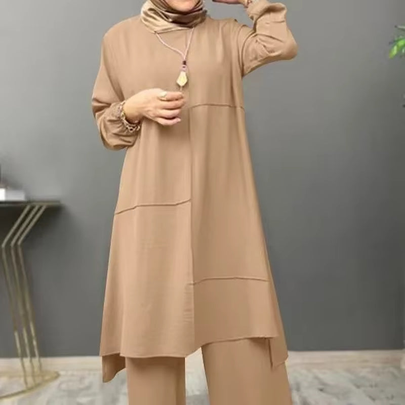 Elegant Two-Piece Sportswear Set for Muslim Women Featuring Bubble Sleeve Shirt and Wide Leg Pants