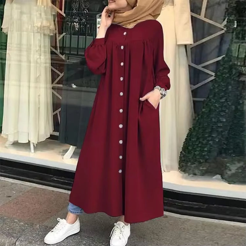 Elegant Women's Retro Button Maxi Dress - Casual Long Sleeve Cotton Solid Color O-Neck Design