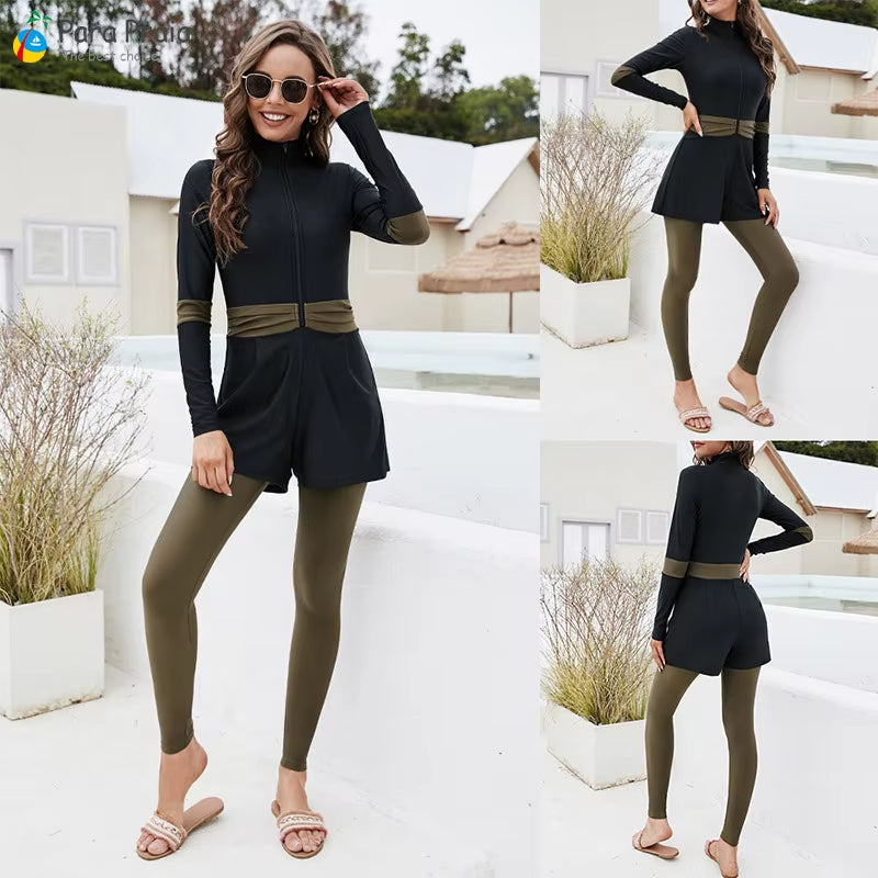 Modest Women's Summer Swimwear - 2025 Islamic Burkini with Patchwork Design and Long Sleeves