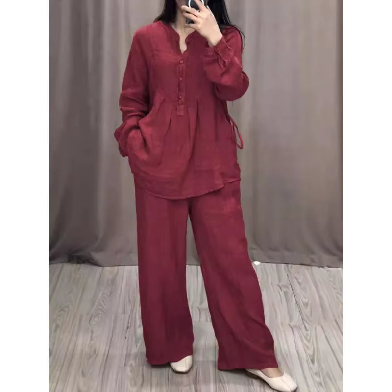 2024 Stylish and Comfortable Long Sleeve Cotton Linen Bell Bottom Suit with Drawstring Skirt Set for Autumn