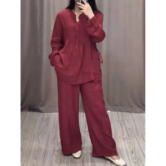 2024 Stylish and Comfortable Long Sleeve Cotton Linen Bell Bottom Suit with Drawstring Skirt Set for Autumn