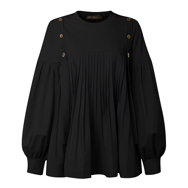 2025  Women's Elegant Autumn Long Lantern Sleeve Blouse with Patchwork Design and Pleated Detail, Ideal for Work and Modest Fashion