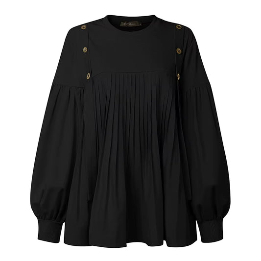 2025  Women's Elegant Autumn Long Lantern Sleeve Blouse with Patchwork Design and Pleated Detail, Ideal for Work and Modest Fashion