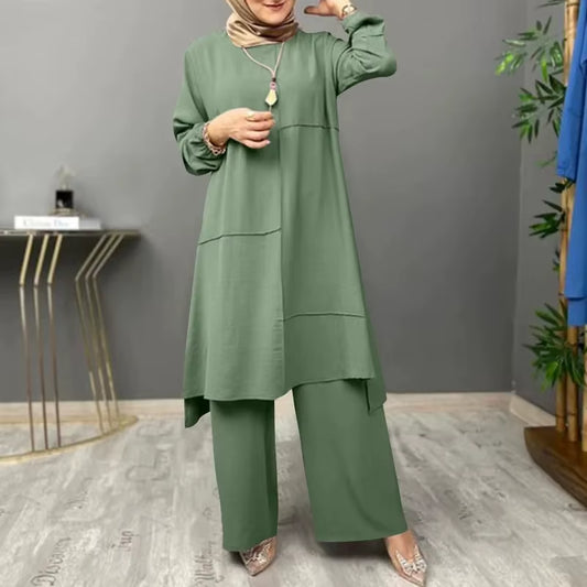 Elegant Two-Piece Sportswear Set for Muslim Women Featuring Bubble Sleeve Shirt and Wide Leg Pants