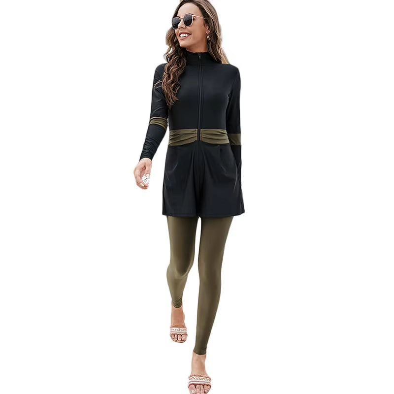 Modest Women's Summer Swimwear - 2025 Islamic Burkini with Patchwork Design and Long Sleeves