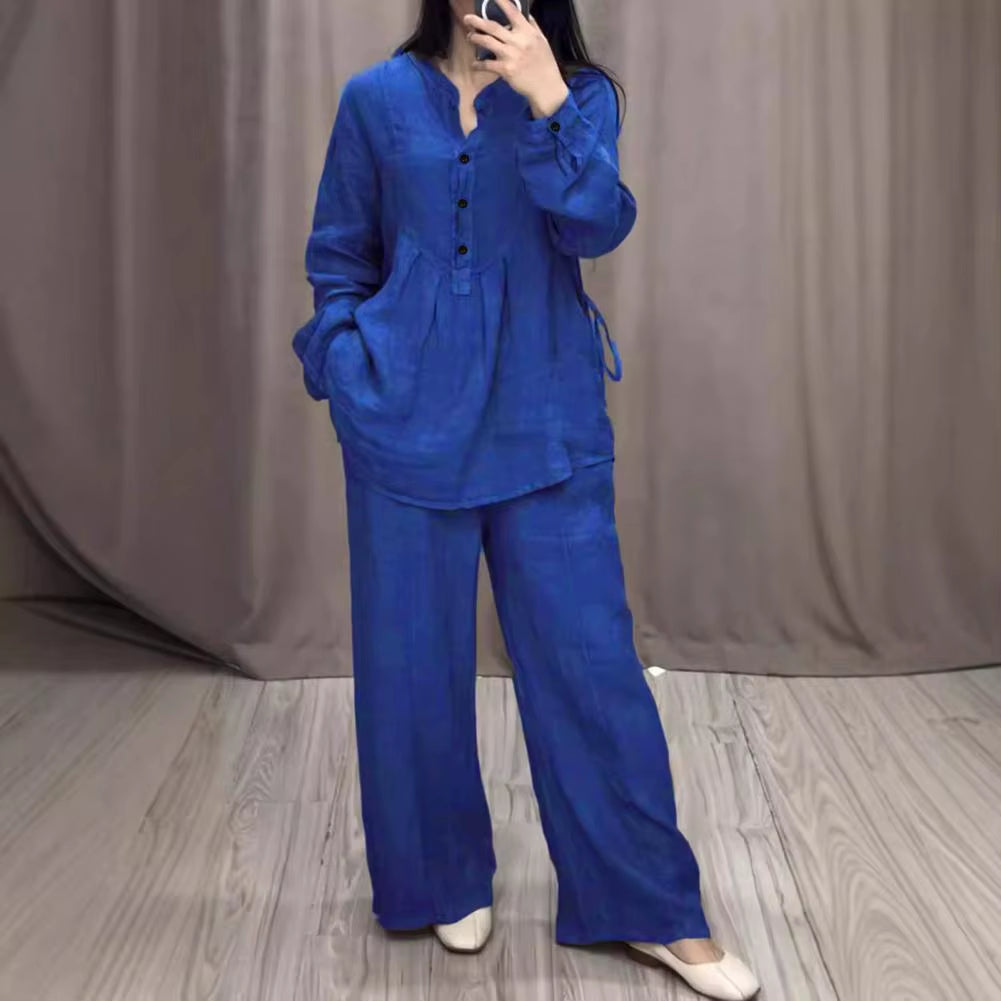 Women's Spring Pantsuit Set with Loose Blouse and Wide Leg Trousers, Round Neck Half Single-Breasted Top