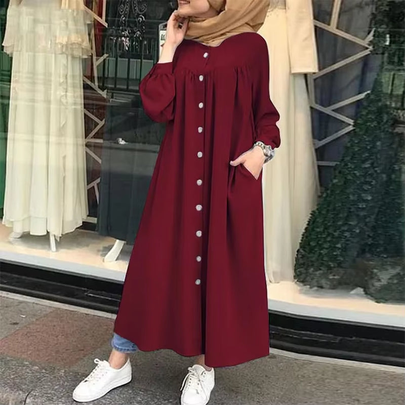 Elegant Women's Retro Button Maxi Dress - Casual Long Sleeve Cotton Solid Color O-Neck Design