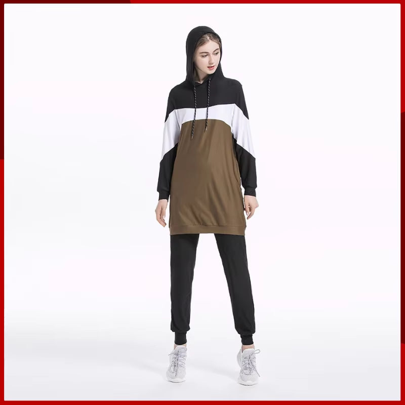 2024 Trendy Middle Eastern Arab Muslim Slim Fit Patchwork Long Sleeve Sportswear Casual Hooded Two-Piece Set