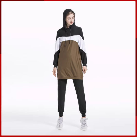 2024 Trendy Middle Eastern Arab Muslim Slim Fit Patchwork Long Sleeve Sportswear Casual Hooded Two-Piece Set