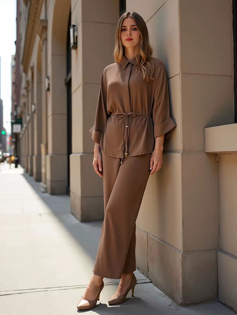 Women’s Kimono Style Blouse and Trouser Set with Long Sleeve Lace-Up Shirt and Elastic Waist Pants - Casual Spring Outfit