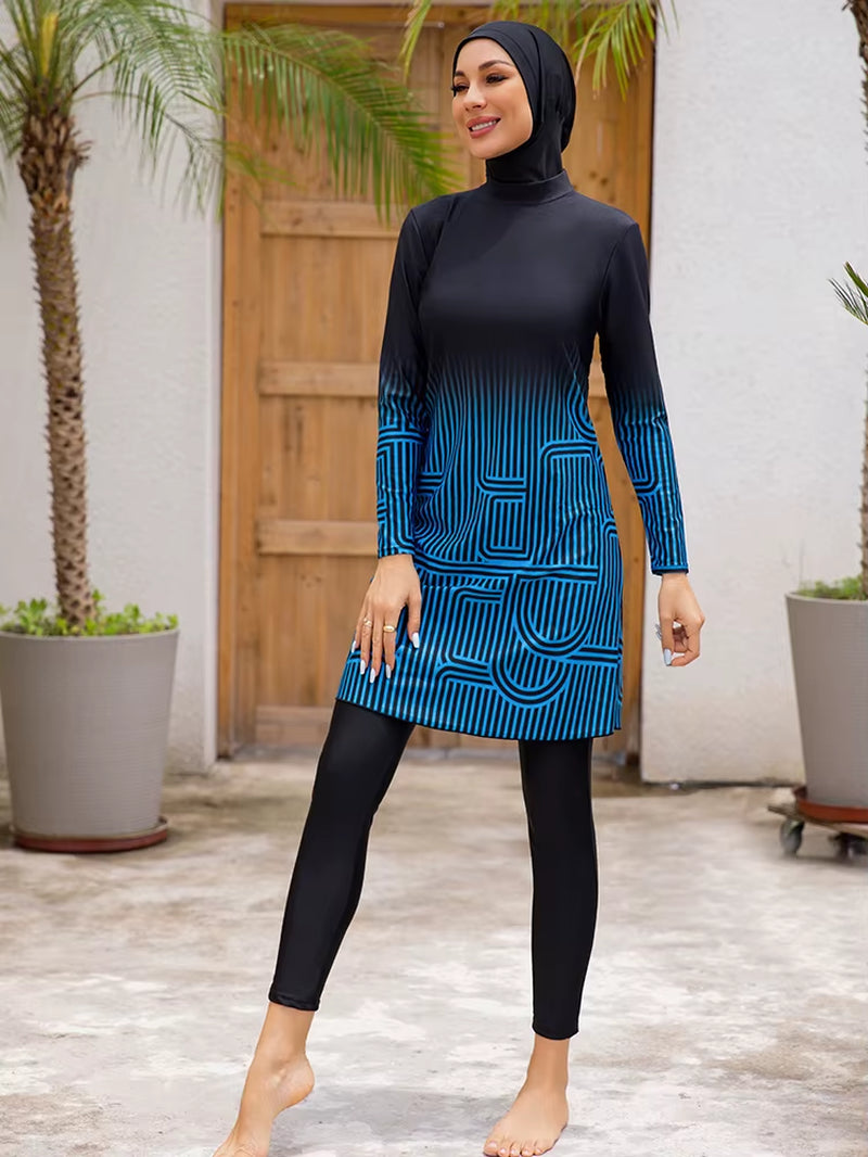 3-Piece Women's Modest Swimwear Set with Burkini, Hijab, and Striped Pants for Islamic Beachwear