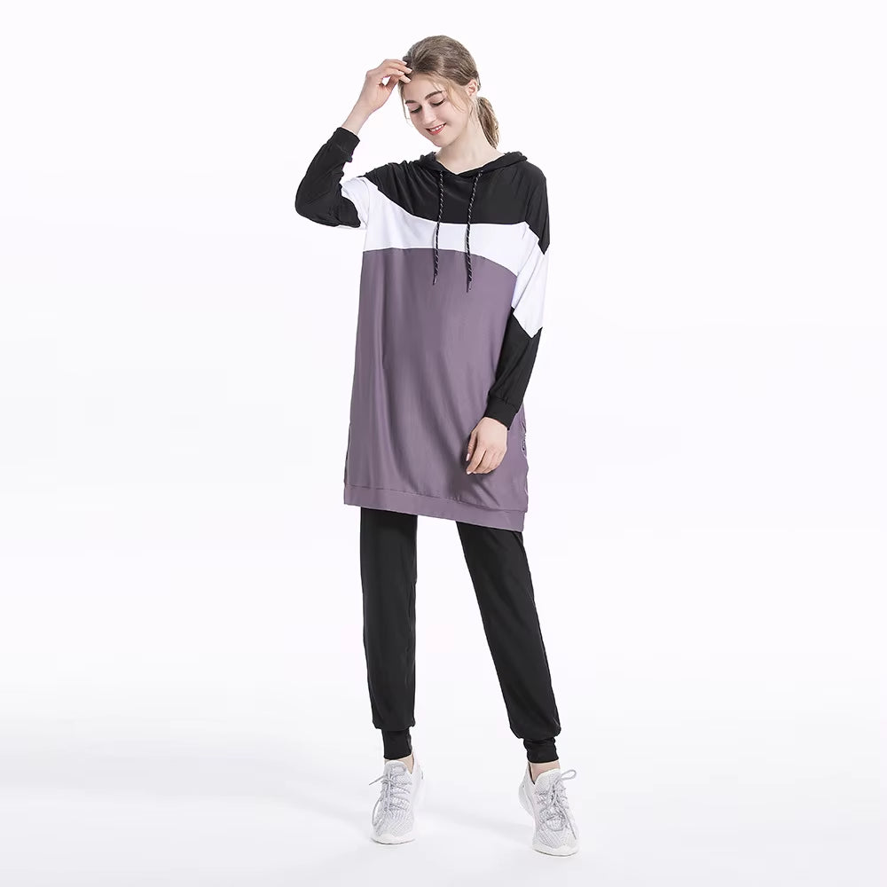 2024 Trendy Middle Eastern Arab Muslim Slim Fit Patchwork Long Sleeve Sportswear Casual Hooded Two-Piece Set